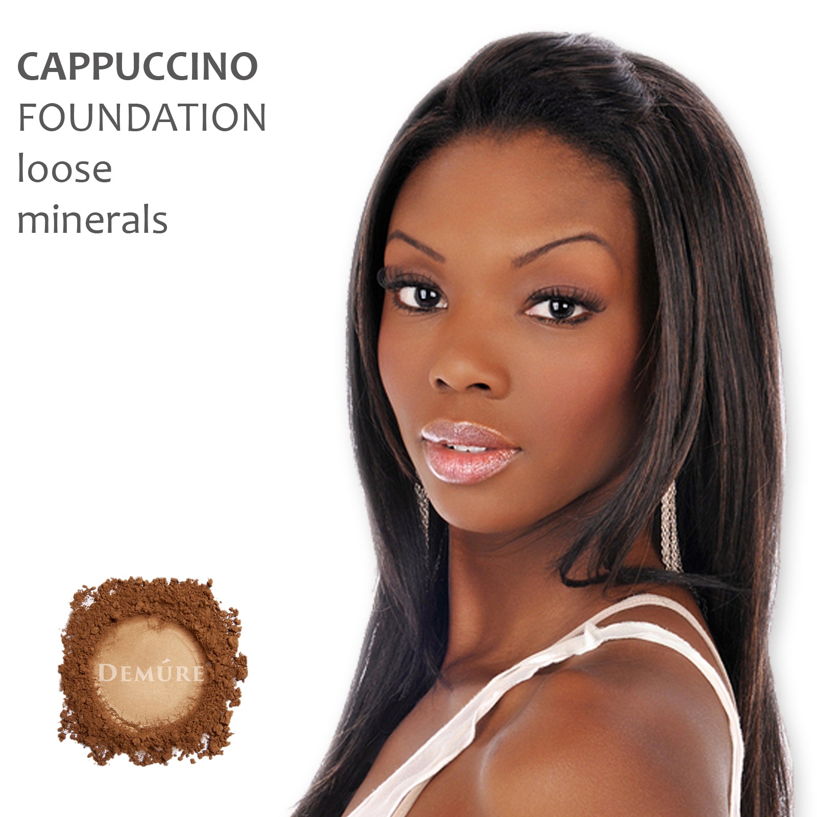 A photo of a woman wearing Demure Cappuccino foundation for dark skin with olive undertones