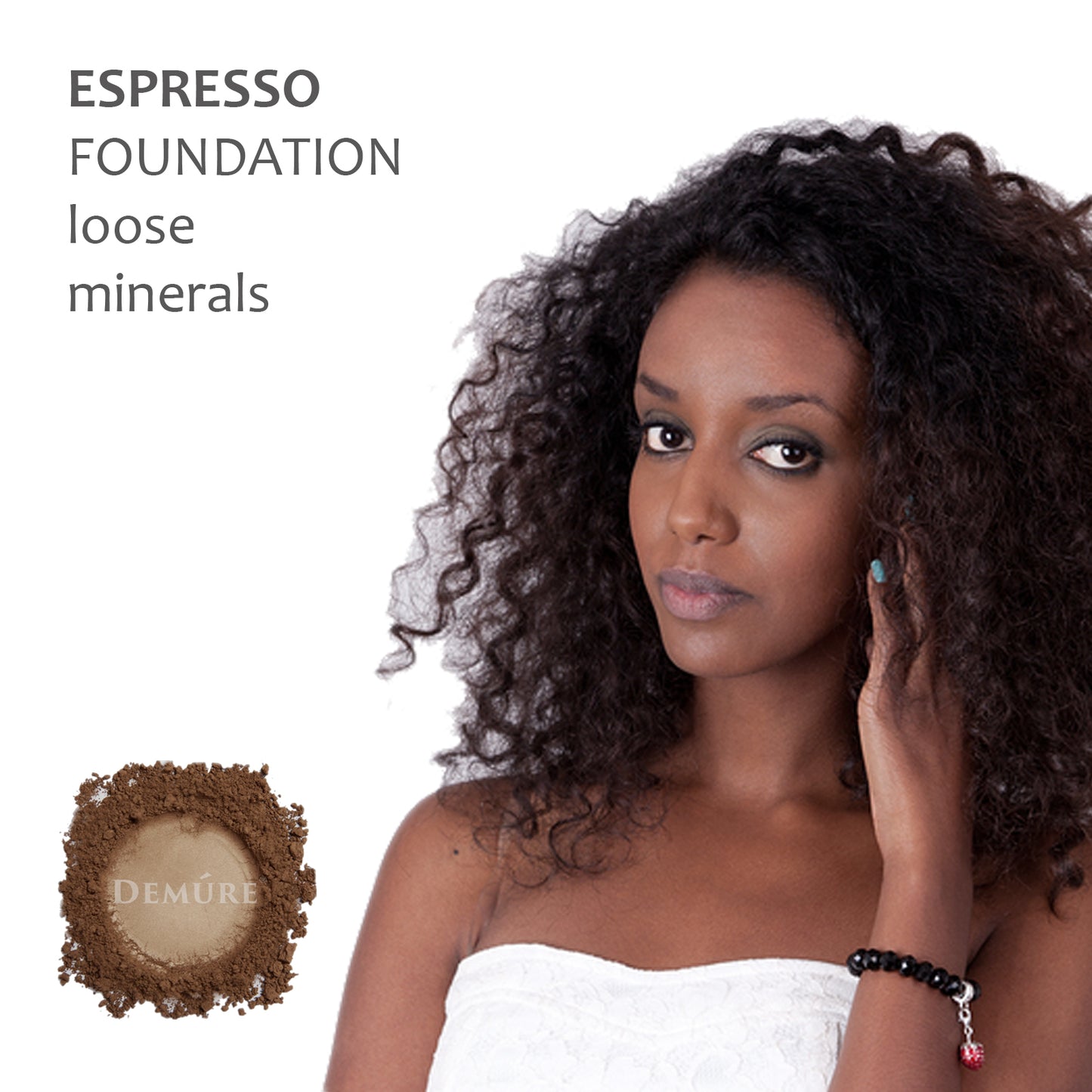 A photo of a woman wearing Demure Espresso foundation