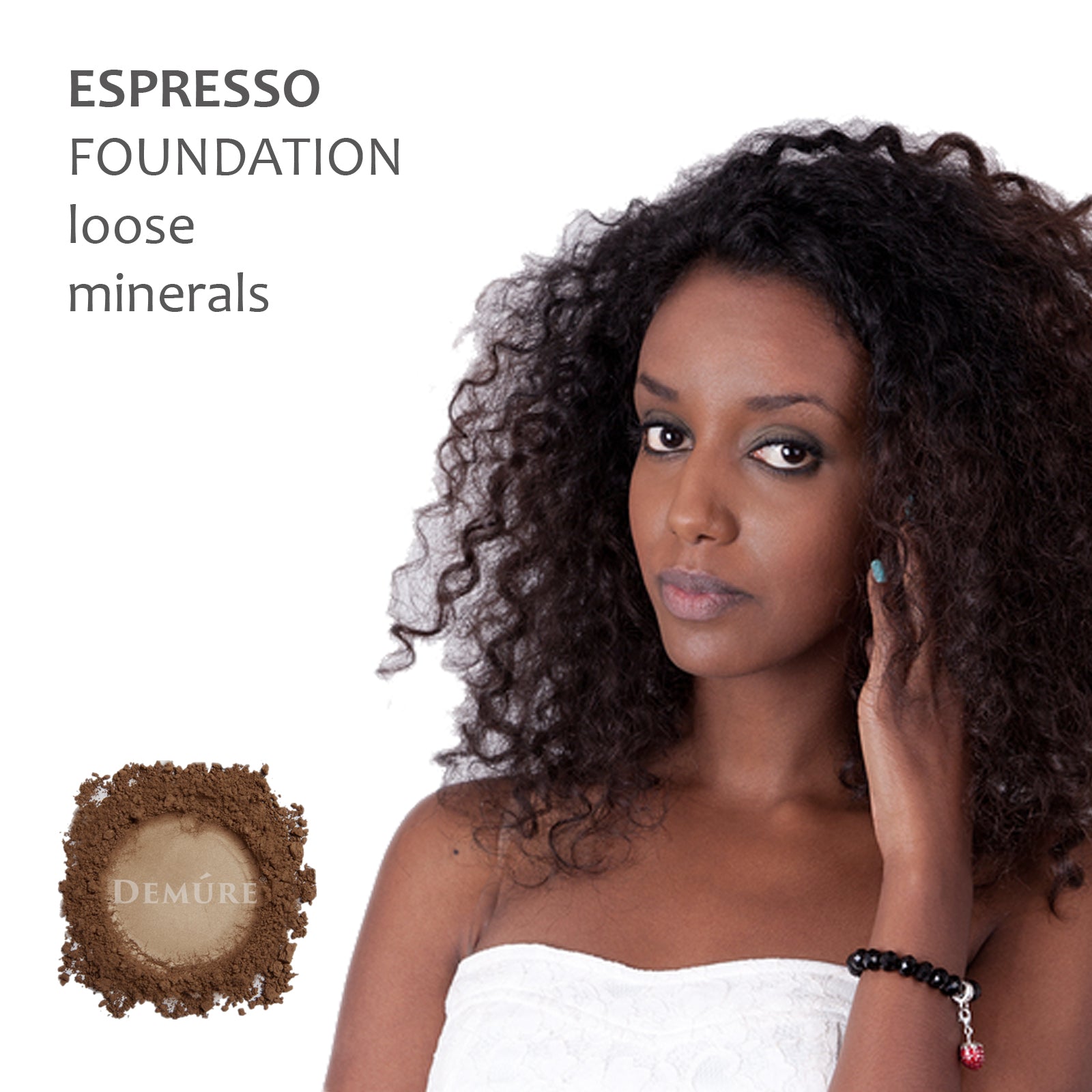 A photo of a woman wearing Demure Espresso foundation