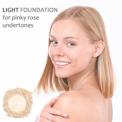 A photo of a woman wearing Demure Light foundation for pinky rose undertones