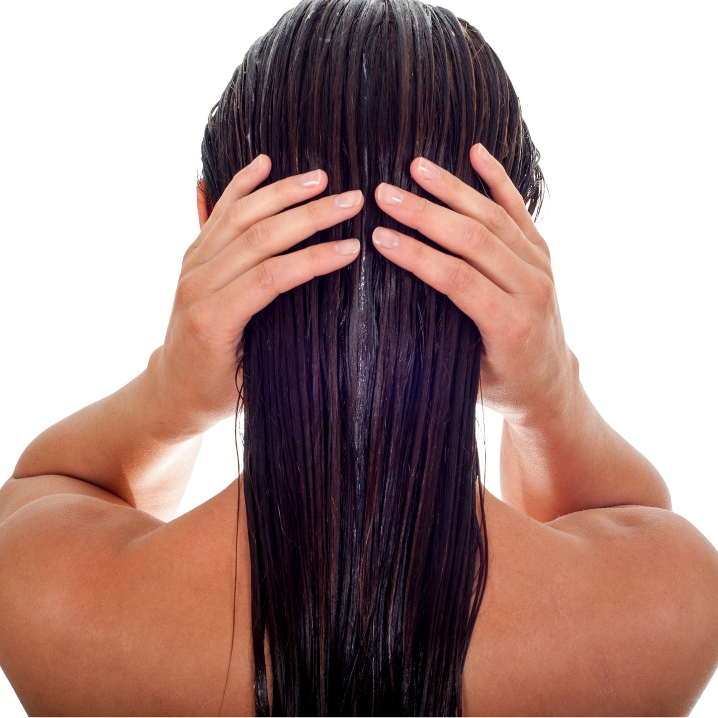  Woman with her hair cascading down her back with conditioning treatment in it.