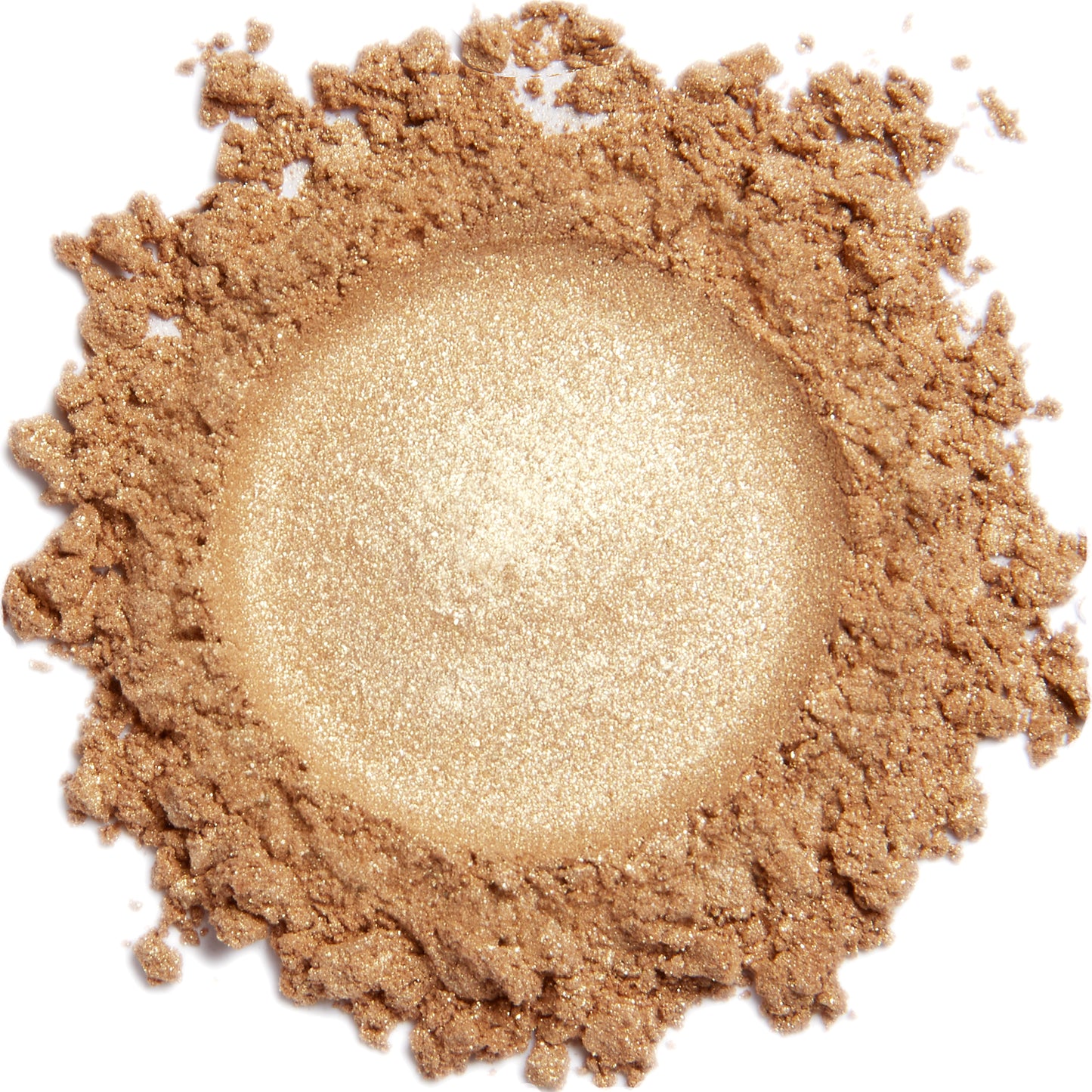A close-up image of a gold shimmer mineral eye color powder with a shiny, sparkly texture.