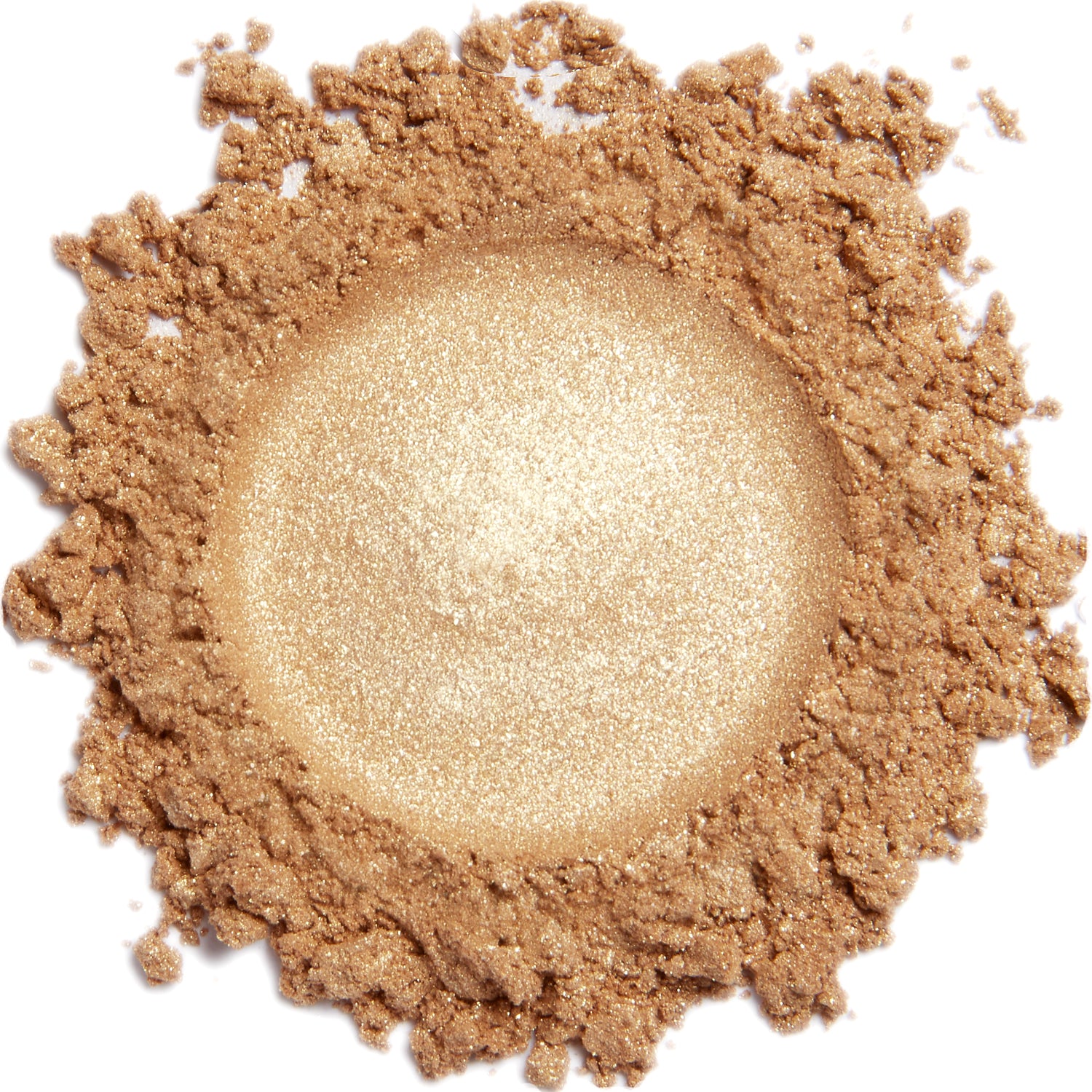 A close-up image of a gold shimmer mineral eye color powder with a shiny, sparkly texture.