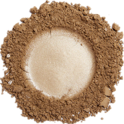 A swatch of Golden Brown mineral eye color powder, showing a light brown shade with a shimmering finish.