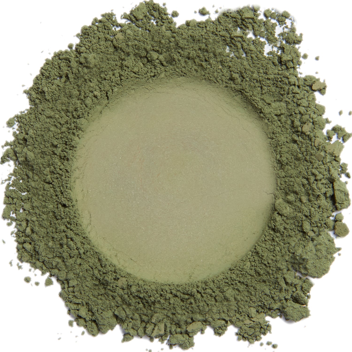 A close up swatch of Green Khaki mineral eye shadow.