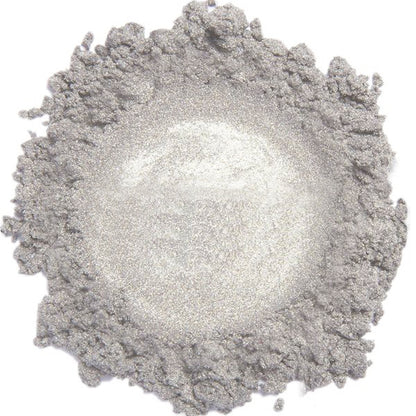 A close-up image of a silver-colored mineral eye shadow powder.