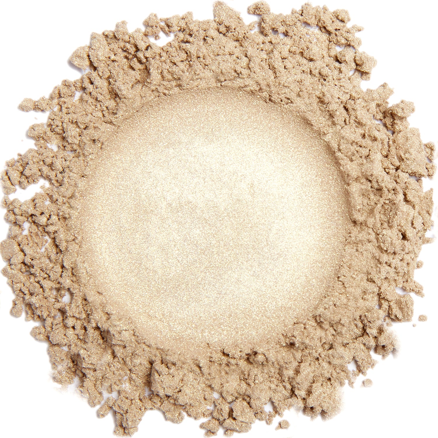 A close-up image of a mineral Limited edition Silver Gold eye color powder with a frosty finish.