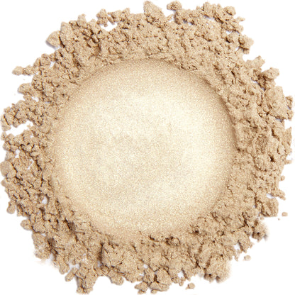A close-up image of a mineral Limited edition Silver Gold eye color powder with a frosty finish.
