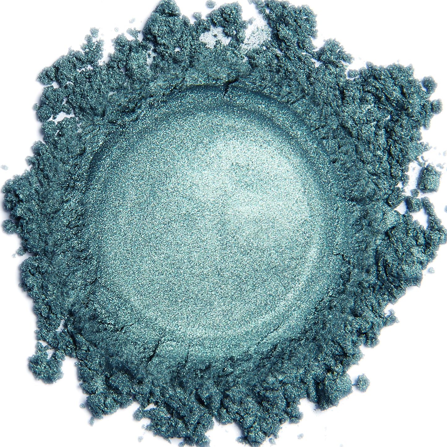 A close-up image of a blue-green Mermaid shimmer mineral eye color powder.