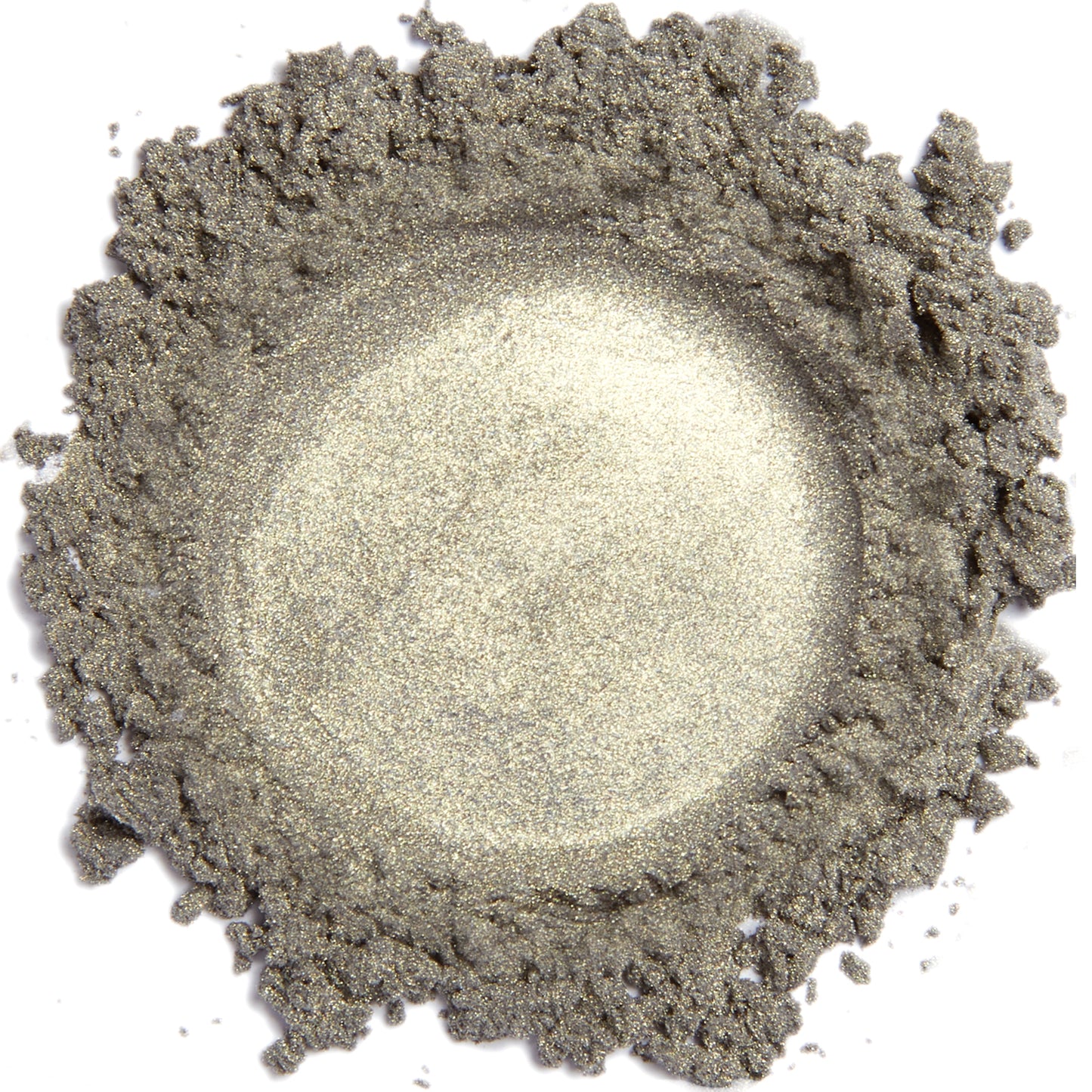 A close up swatch of Moss mineral eye shadow with a frosty finish.