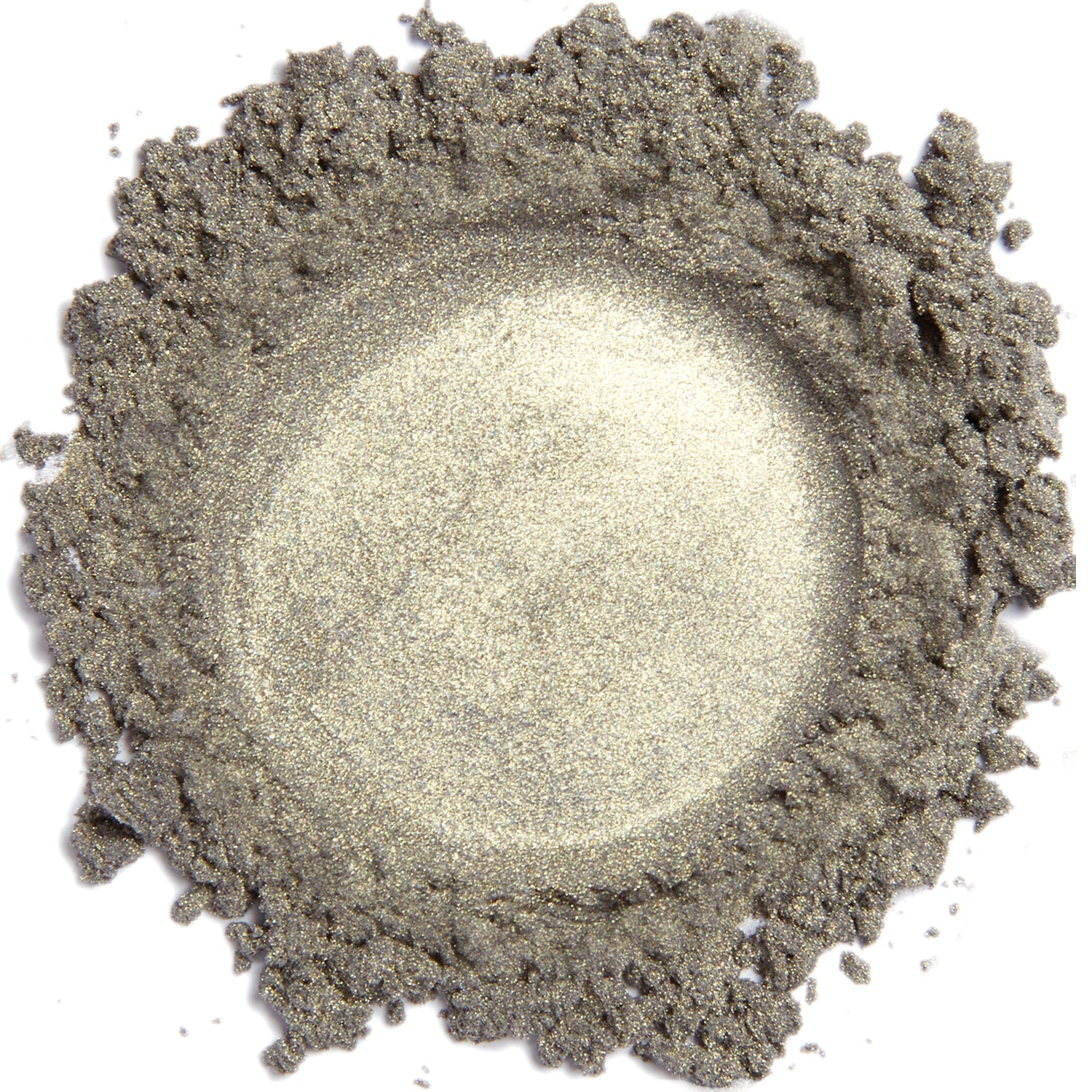 A close up swatch of Moss mineral eye shadow with a frosty finish.