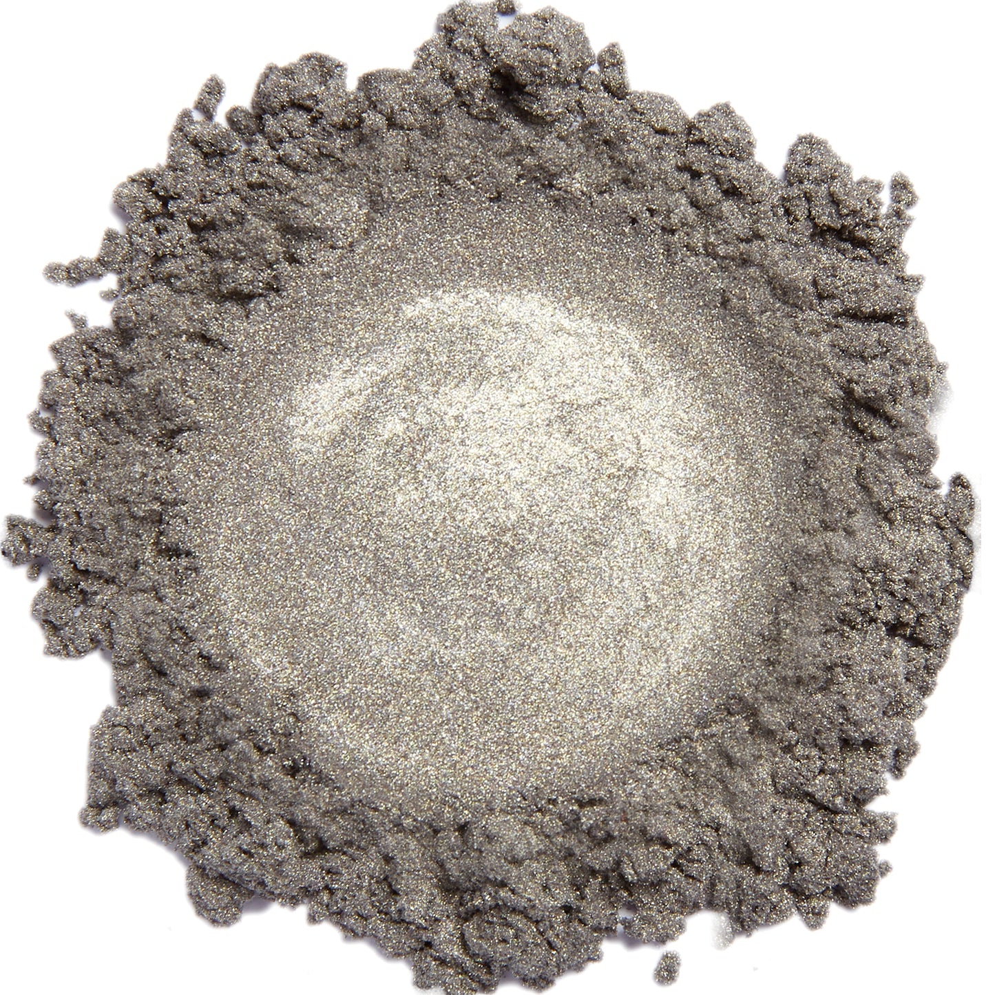 A close up swatch of Pewter mineral eye shadow.