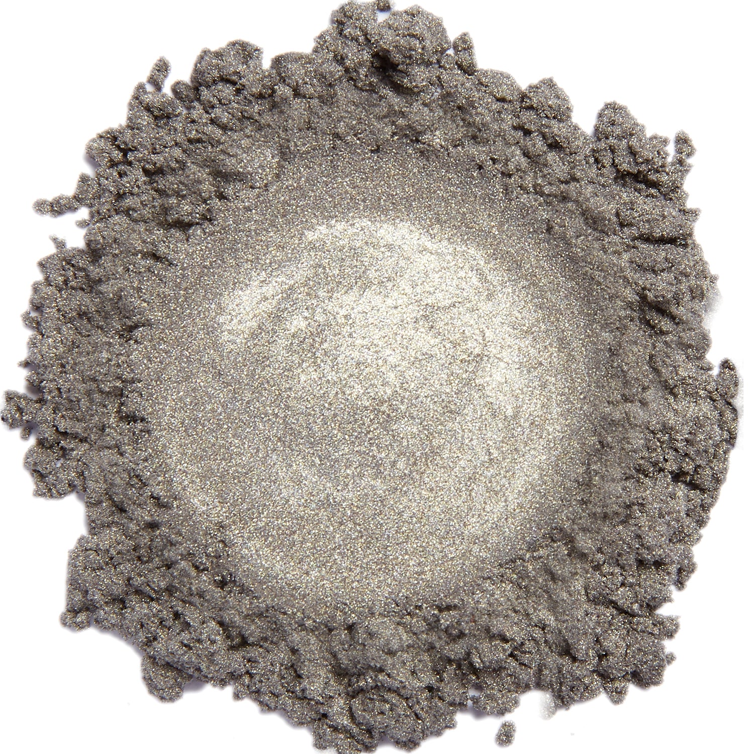 A close up swatch of Pewter mineral eye shadow.