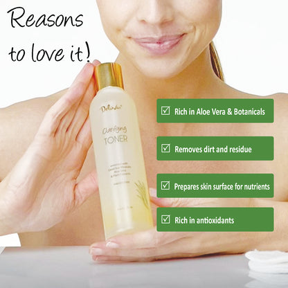 A woman holding a bottle of Deluvia Clarifying Toner with callout bullets on its benefits