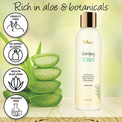 A bottle of Deluvia Clarifying Toner  with aloe vera leaves and callout bullets of features