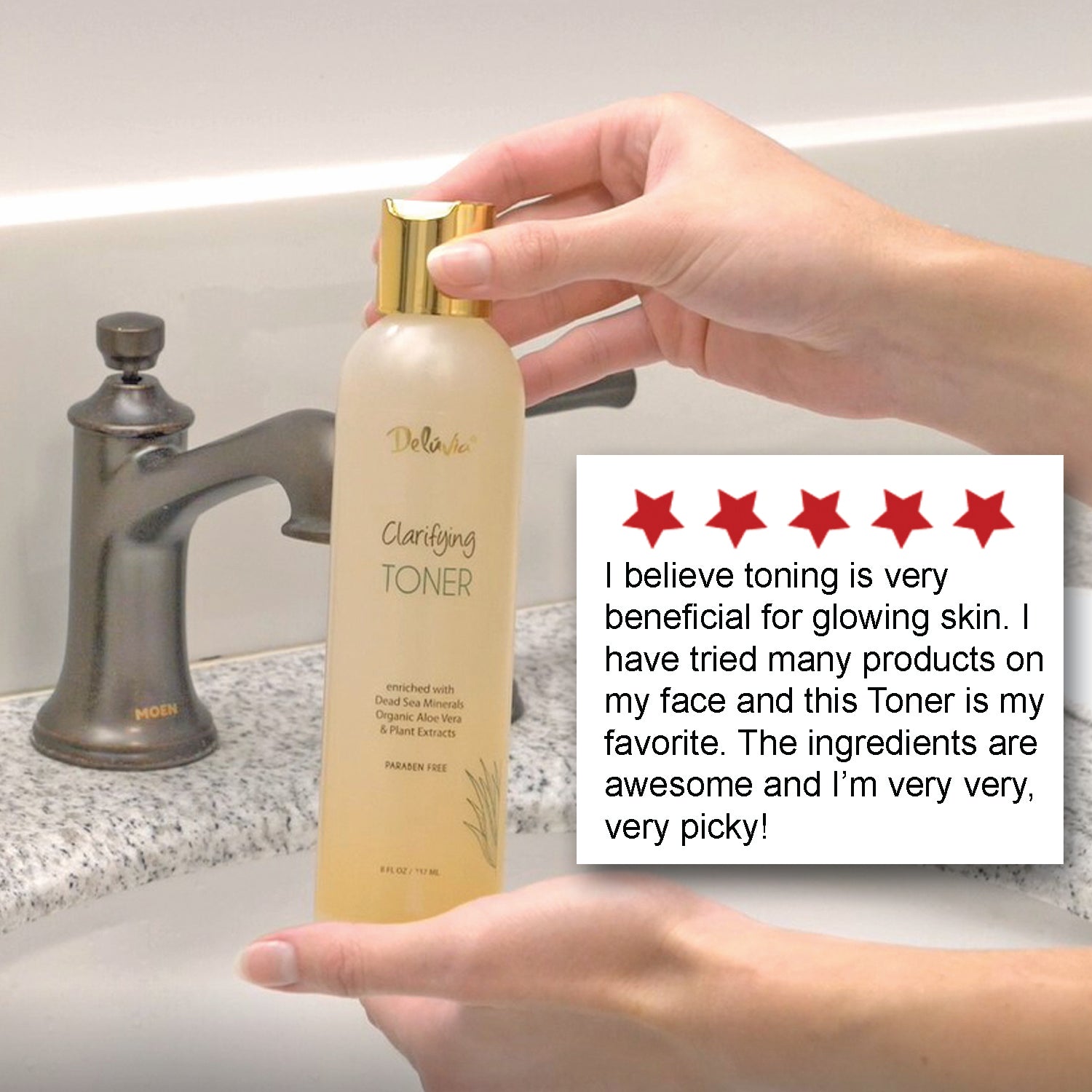 A woman at a sink holding a bottle of Deluvia Clarifying Toner  and a testimonial about the toner in a callout box