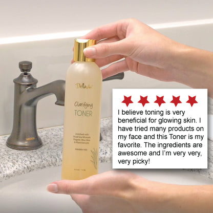 A woman at a sink holding a bottle of Deluvia Clarifying Toner  and a testimonial about the toner in a callout box
