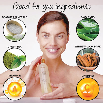 A woman holding a jar of Deluvia Clarifying Toner  with six of the key ingredients featured in callout images.