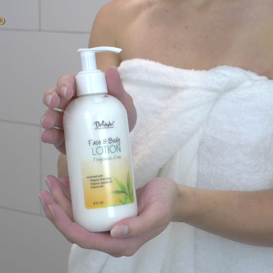 Video showing a woman using Deluvia Hand & Body Lotion