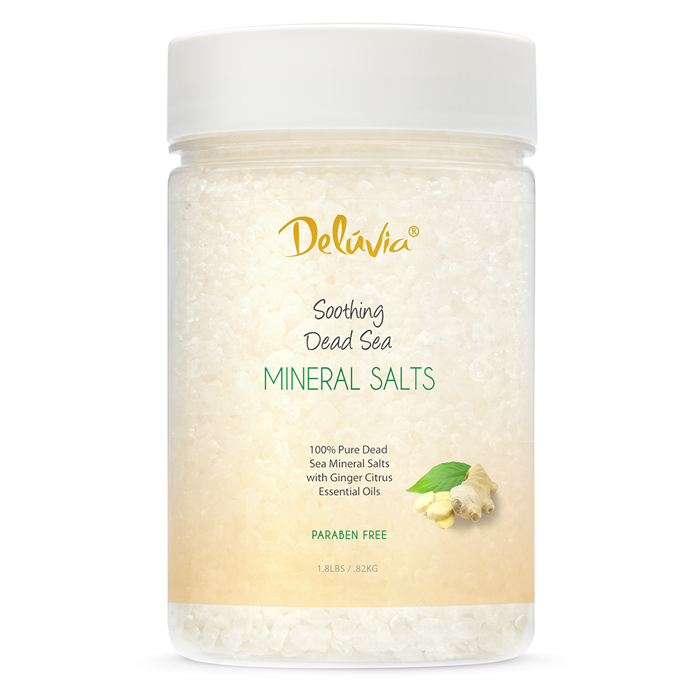 Photo of a 1.8 lbs jar of Deluvia Dead Sea Mineral Salts against white background
