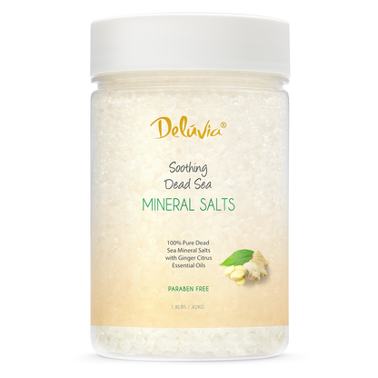 Photo of a 1.8 lbs jar of Deluvia Dead Sea Mineral Salts against white background